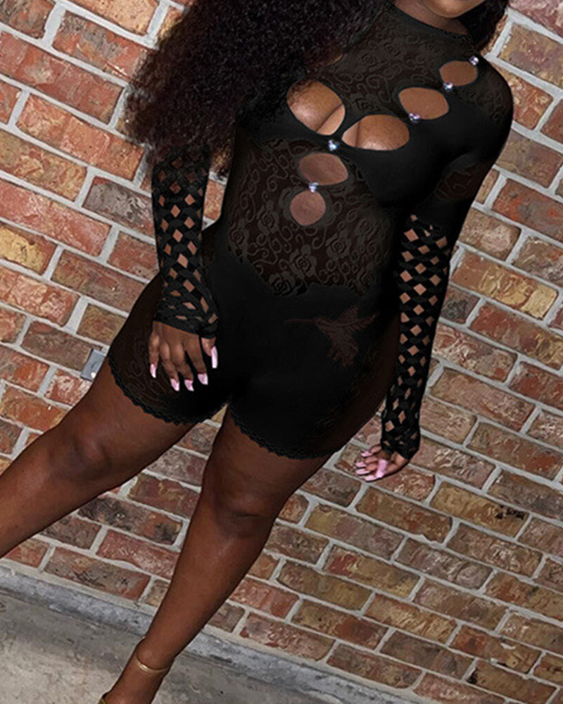 See-Through Lace Skinny Long-Sleeve Jumpsuit